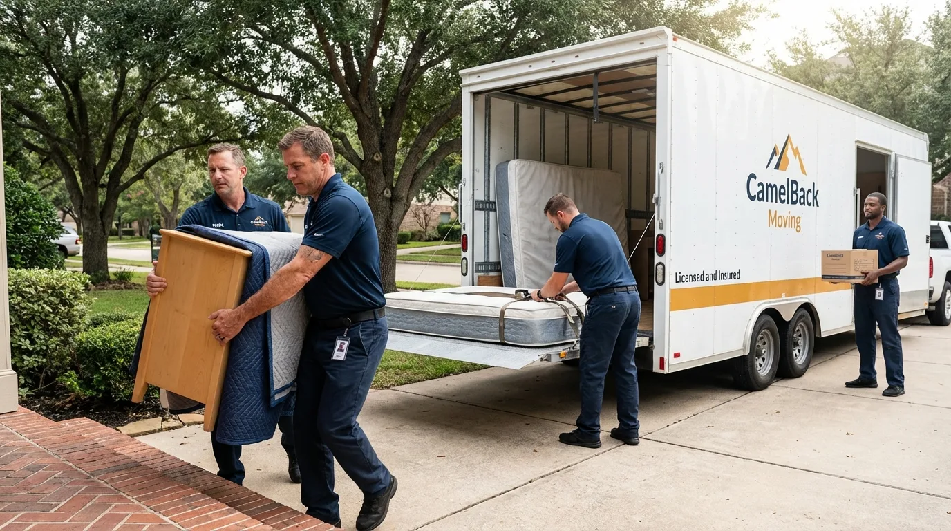 Crew loading residential truck for cross-state move from Wilmington, MA