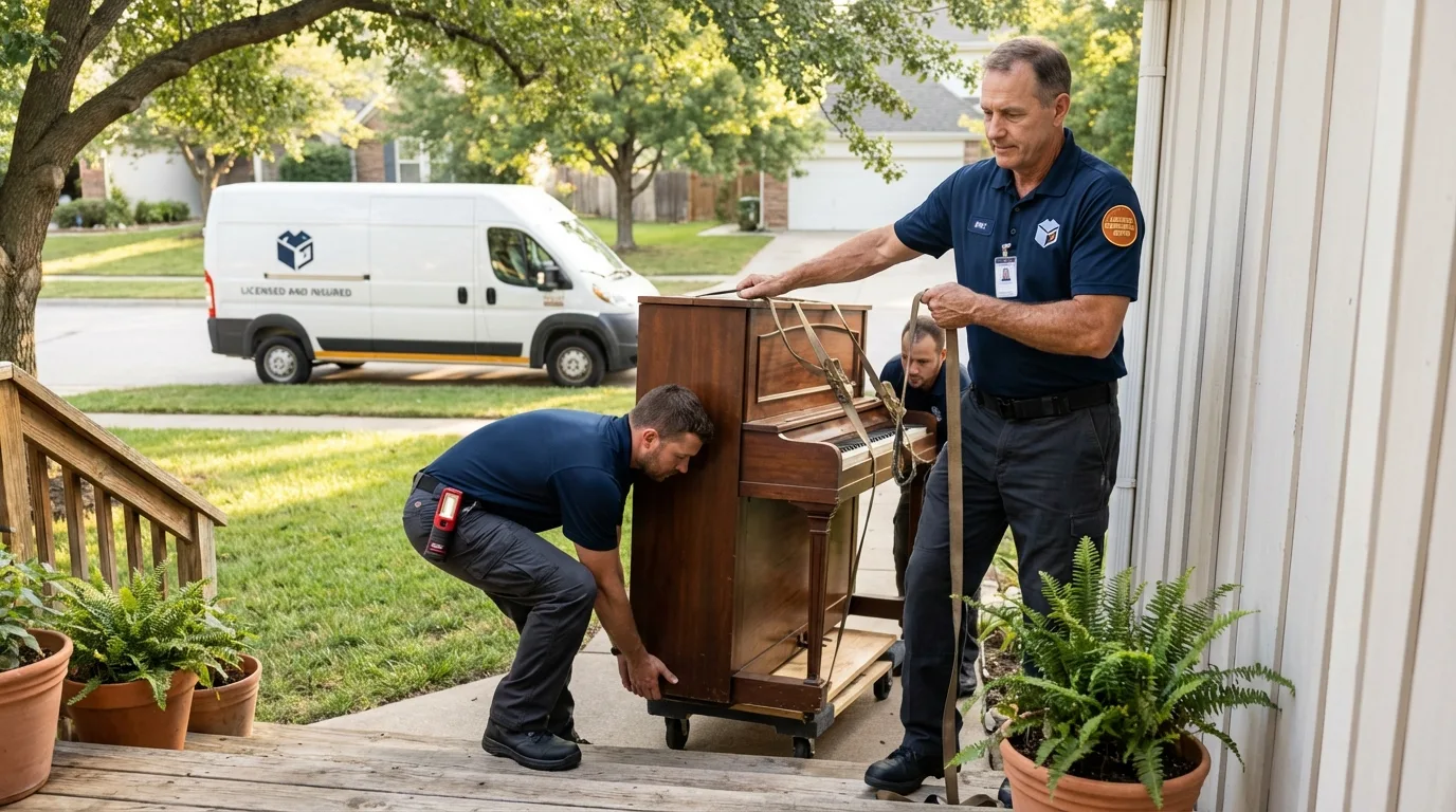 Licensed piano movers securing grand piano in Wilmington, MA