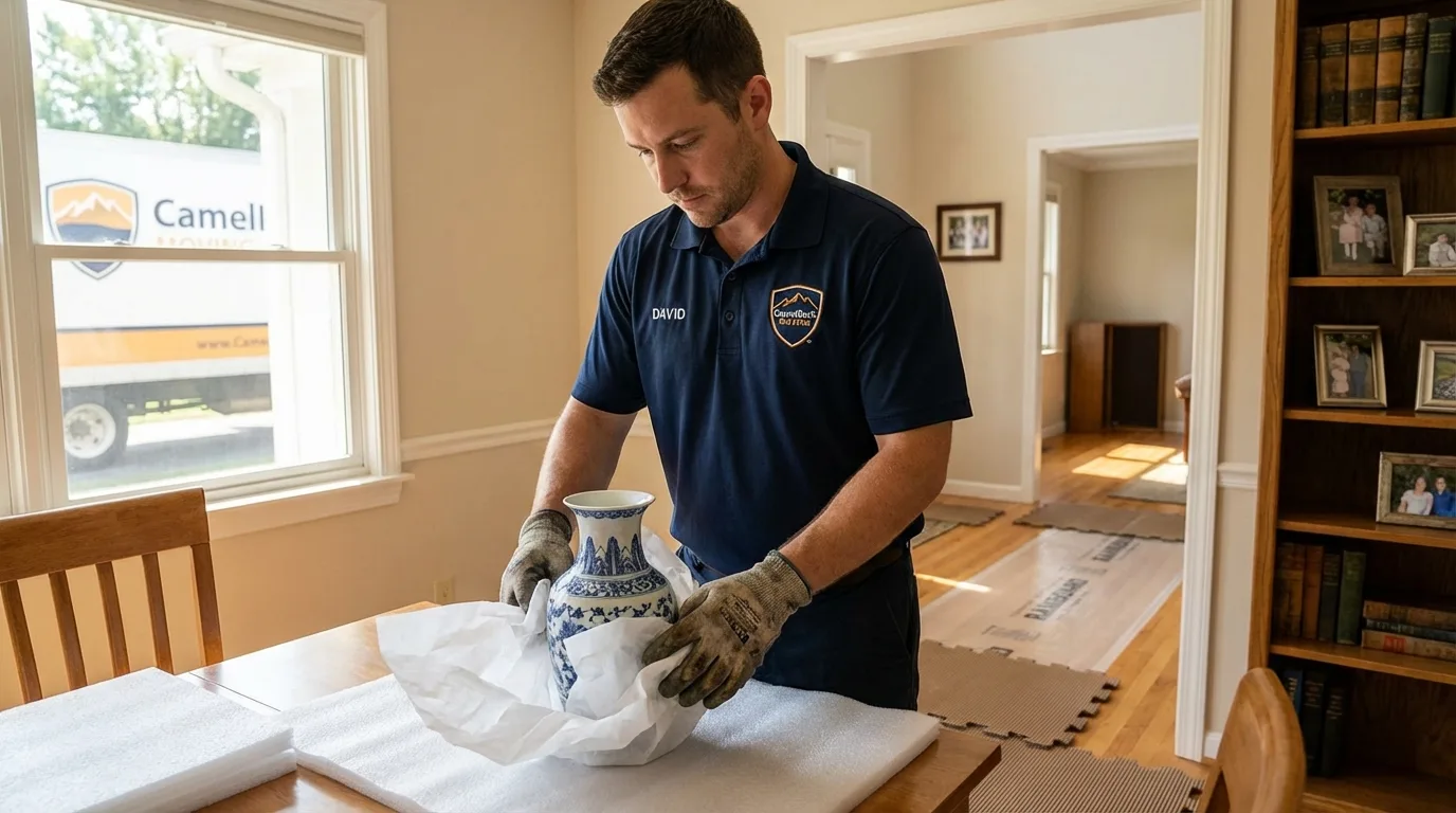 Professional crew carefully wrapping antique vase for senior downsizing move in Wilmington, MA